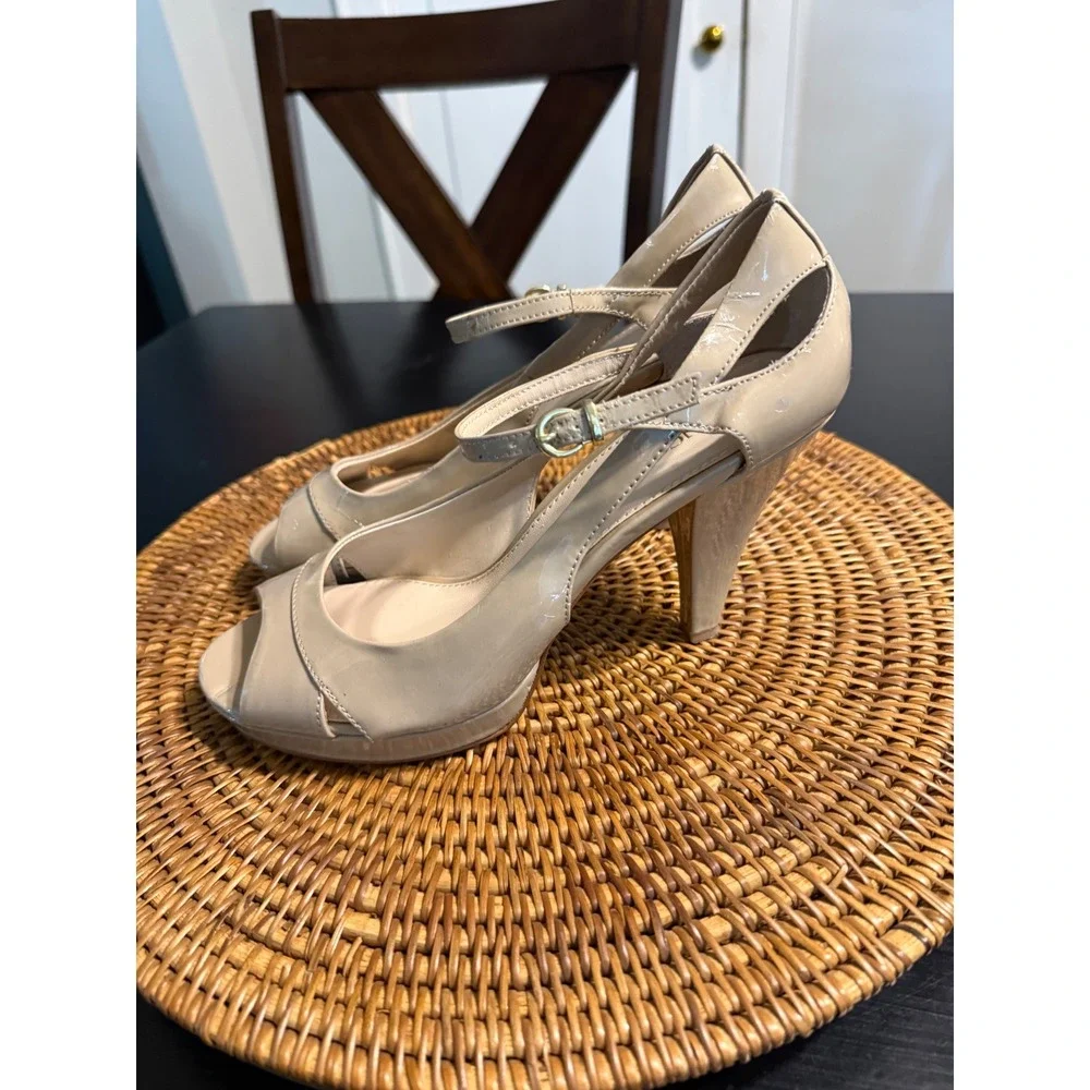 Franco Sarto Nude Patent Peep Toe Platform Heels Ankle Strap Pumps Size 8.5M